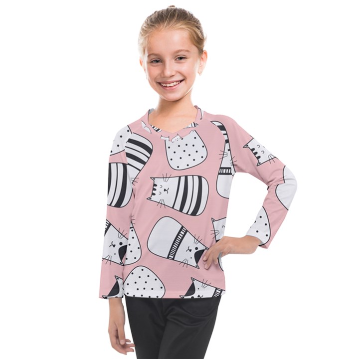 Cute Cats Cartoon Seamless-pattern Kids  Long Mesh Tee