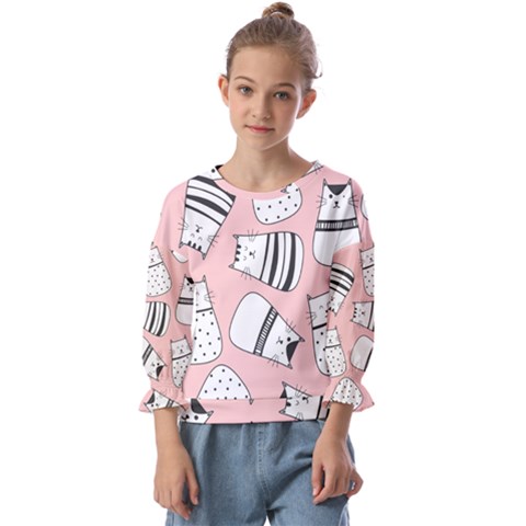 Cute Cats Cartoon Seamless-pattern Kids  Cuff Sleeve Top by Vaneshart