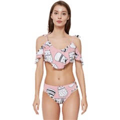 Cute Cats Cartoon Seamless-pattern Ruffle Edge Tie Up Bikini Set	 by Vaneshart