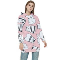 Cute Cats Cartoon Seamless-pattern Women s Long Oversized Pullover Hoodie by Vaneshart