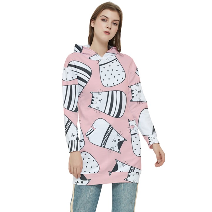 Cute Cats Cartoon Seamless-pattern Women s Long Oversized Pullover Hoodie