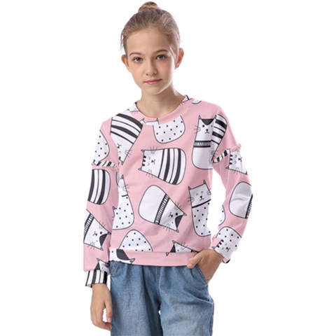 Cute Cats Cartoon Seamless-pattern Kids  Long Sleeve Tee With Frill  by Vaneshart