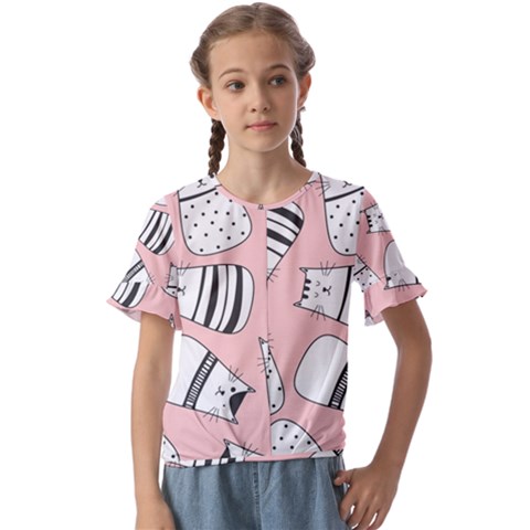 Cute Cats Cartoon Seamless-pattern Kids  Cuff Sleeve Scrunch Bottom Tee by Vaneshart