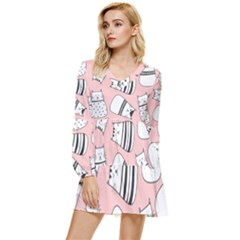 Cute Cats Cartoon Seamless-pattern Tiered Long Sleeve Mini Dress by Vaneshart