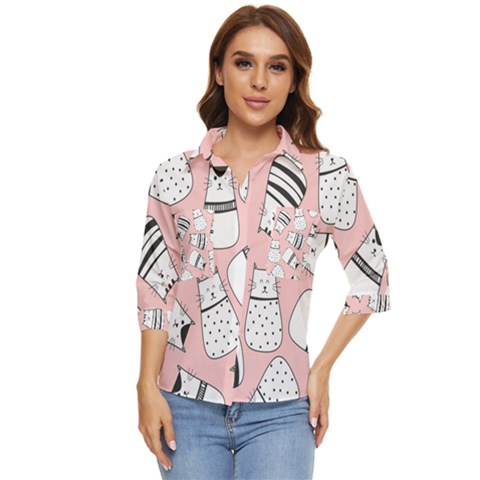 Cute Cats Cartoon Seamless-pattern Women s Quarter Sleeve Pocket Shirt by Vaneshart