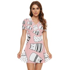 Cute Cats Cartoon Seamless-pattern V-neck High Waist Chiffon Mini Dress by Vaneshart