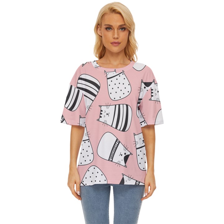 Cute Cats Cartoon Seamless-pattern Oversized Basic Tee