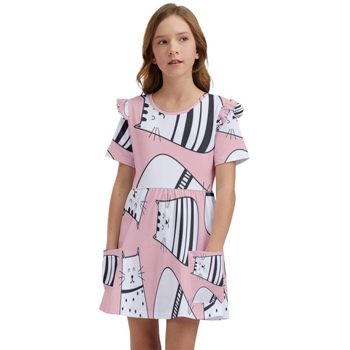 Cute Cats Cartoon Seamless-pattern Kids  Frilly Sleeves Pocket Dress