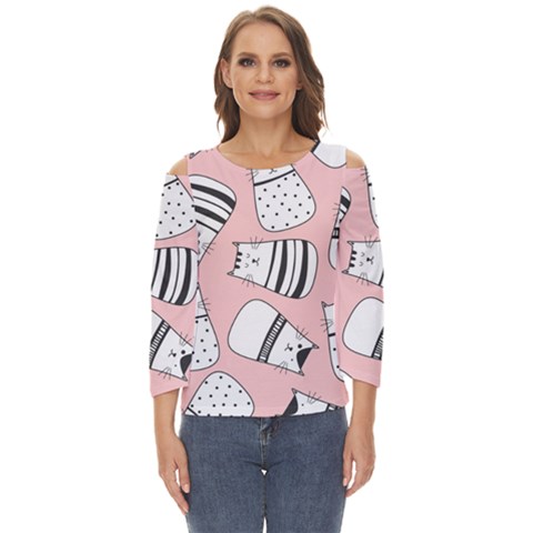 Cute Cats Cartoon Seamless-pattern Cut Out Wide Sleeve Top by Vaneshart