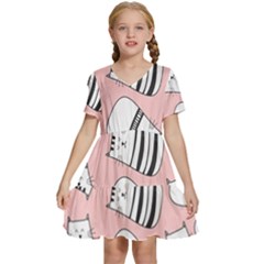 Cute Cats Cartoon Seamless-pattern Kids  Short Sleeve Tiered Mini Dress by Vaneshart