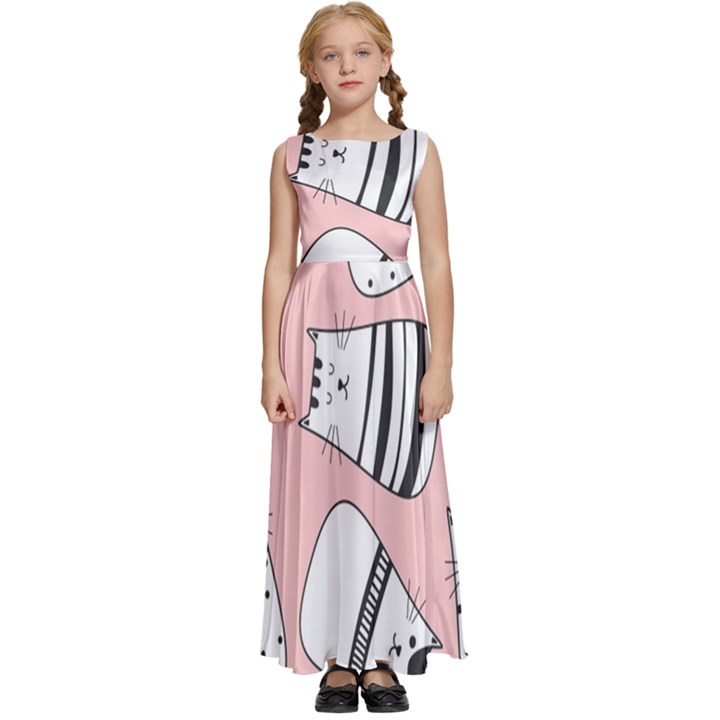 Cute Cats Cartoon Seamless-pattern Kids  Satin Sleeveless Maxi Dress