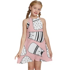 Cute Cats Cartoon Seamless-pattern Kids  Halter Collar Waist Tie Chiffon Dress by Vaneshart