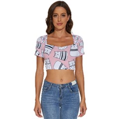 Cute Cats Cartoon Seamless-pattern Short Sleeve Square Neckline Crop Top 