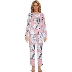 Cute Cats Cartoon Seamless-pattern Womens  Long Sleeve Lightweight Pajamas Set by Vaneshart