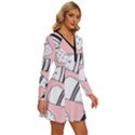 Cute Cats Cartoon Seamless-pattern Long Sleeve Deep V Mini Dress  View3