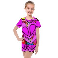 Stained Glass Love Heart Kids  Mesh Tee And Shorts Set