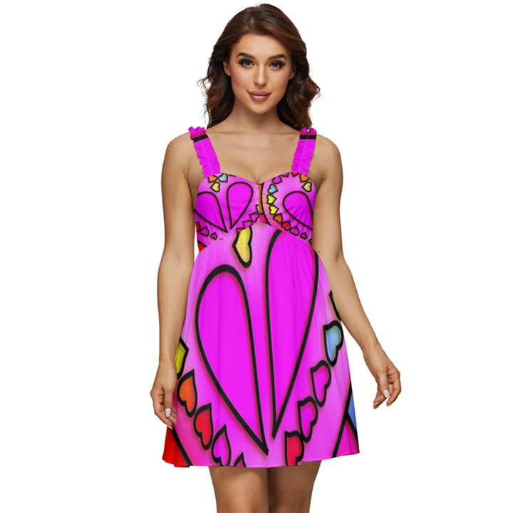 Stained Glass Love Heart Ruffle Strap Babydoll Chiffon Dress