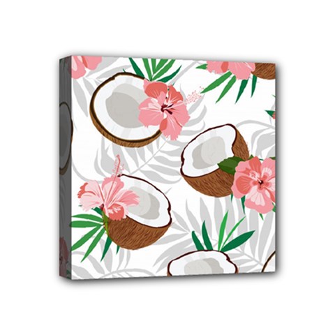 Seamless Pattern Coconut Piece Palm Leaves With Pink Hibiscus Mini Canvas 4  X 4  (stretched) by Vaneshart