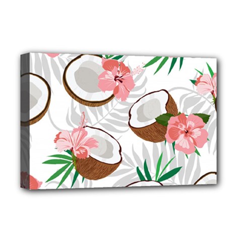 Seamless Pattern Coconut Piece Palm Leaves With Pink Hibiscus Deluxe Canvas 18  X 12  (stretched) by Vaneshart