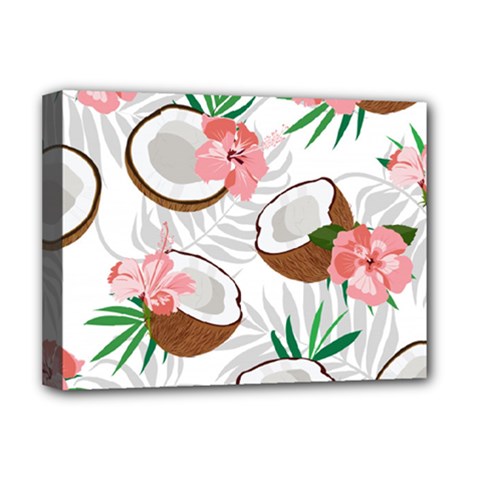 Seamless Pattern Coconut Piece Palm Leaves With Pink Hibiscus Deluxe Canvas 16  X 12  (stretched) 