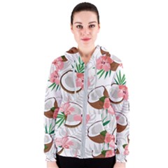 Seamless Pattern Coconut Piece Palm Leaves With Pink Hibiscus Women s Zipper Hoodie by Vaneshart