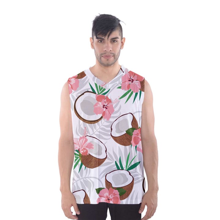 Seamless Pattern Coconut Piece Palm Leaves With Pink Hibiscus Men s Basketball Tank Top