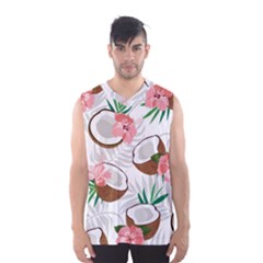 Seamless Pattern Coconut Piece Palm Leaves With Pink Hibiscus Men s Basketball Tank Top by Vaneshart