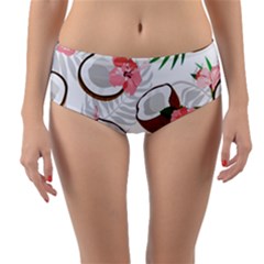 Seamless Pattern Coconut Piece Palm Leaves With Pink Hibiscus Reversible Mid-waist Bikini Bottoms by Vaneshart