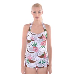 Seamless Pattern Coconut Piece Palm Leaves With Pink Hibiscus Boyleg Halter Swimsuit  by Vaneshart