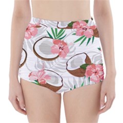 Seamless Pattern Coconut Piece Palm Leaves With Pink Hibiscus High-waisted Bikini Bottoms by Vaneshart