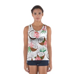 Seamless Pattern Coconut Piece Palm Leaves With Pink Hibiscus Sport Tank Top  by Vaneshart