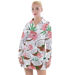 Seamless Pattern Coconut Piece Palm Leaves With Pink Hibiscus Women s Long Sleeve Casual Dress by Vaneshart