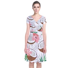 Seamless Pattern Coconut Piece Palm Leaves With Pink Hibiscus Short Sleeve Front Wrap Dress by Vaneshart