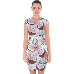 Seamless Pattern Coconut Piece Palm Leaves With Pink Hibiscus Capsleeve Drawstring Dress  by Vaneshart