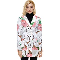 Seamless Pattern Coconut Piece Palm Leaves With Pink Hibiscus Button Up Hooded Coat  by Vaneshart