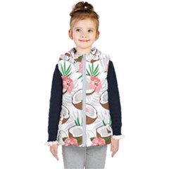 Seamless Pattern Coconut Piece Palm Leaves With Pink Hibiscus Kids  Hooded Puffer Vest by Vaneshart