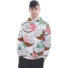 Seamless Pattern Coconut Piece Palm Leaves With Pink Hibiscus Men s Pullover Hoodie by Vaneshart