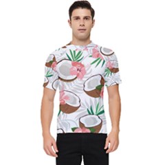 Seamless Pattern Coconut Piece Palm Leaves With Pink Hibiscus Men s Short Sleeve Rash Guard by Vaneshart