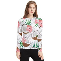 Seamless Pattern Coconut Piece Palm Leaves With Pink Hibiscus Women s Long Sleeve Rash Guard by Vaneshart