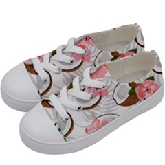 Seamless Pattern Coconut Piece Palm Leaves With Pink Hibiscus Kids  Low Top Canvas Sneakers