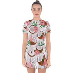 Seamless Pattern Coconut Piece Palm Leaves With Pink Hibiscus Drop Hem Mini Chiffon Dress by Vaneshart