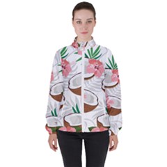 Seamless Pattern Coconut Piece Palm Leaves With Pink Hibiscus Women s High Neck Windbreaker by Vaneshart