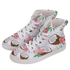 Seamless Pattern Coconut Piece Palm Leaves With Pink Hibiscus Women s Hi-top Skate Sneakers by Vaneshart