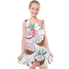 Seamless Pattern Coconut Piece Palm Leaves With Pink Hibiscus Kids  Cross Back Dress by Vaneshart