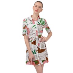 Seamless Pattern Coconut Piece Palm Leaves With Pink Hibiscus Belted Shirt Dress by Vaneshart