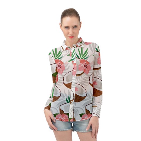 Seamless Pattern Coconut Piece Palm Leaves With Pink Hibiscus Long Sleeve Chiffon Shirt by Vaneshart