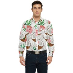 Seamless Pattern Coconut Piece Palm Leaves With Pink Hibiscus Men s Long Sleeve Pocket Shirt  by Vaneshart