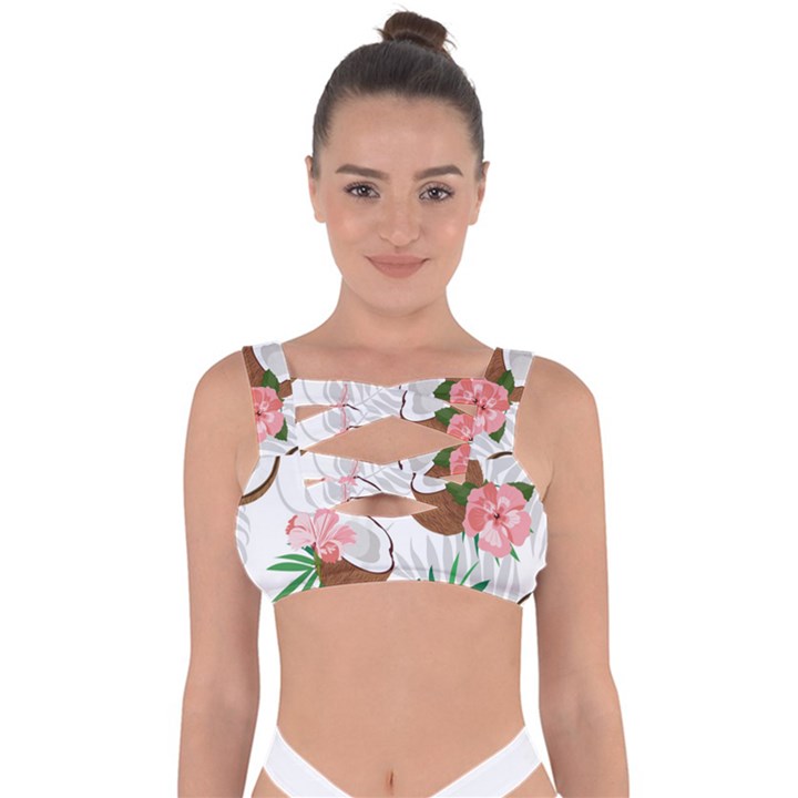 Seamless Pattern Coconut Piece Palm Leaves With Pink Hibiscus Bandaged Up Bikini Top