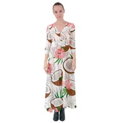 Seamless Pattern Coconut Piece Palm Leaves With Pink Hibiscus Button Up Maxi Dress by Vaneshart