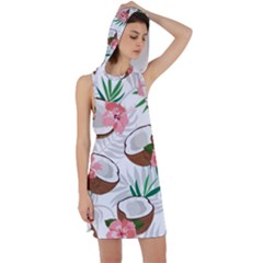 Seamless Pattern Coconut Piece Palm Leaves With Pink Hibiscus Racer Back Hoodie Dress by Vaneshart